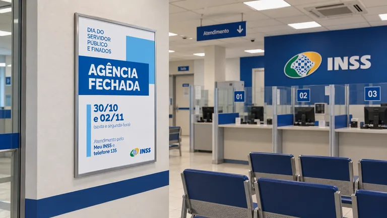 Placa de identificação na frente de uma agência do INSS.