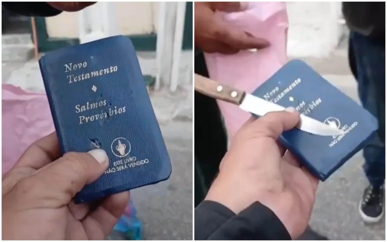 Bíblia de bolso perfurada por faca após tentativa de assalto em Fortaleza.