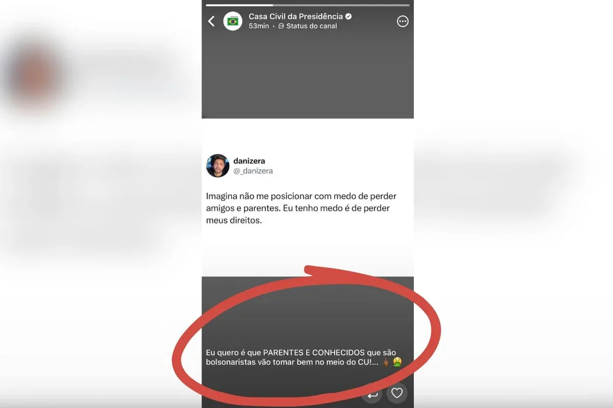 Captura de tela exibindo mensagem ofensiva em canal da Casa Civil no WhatsApp.