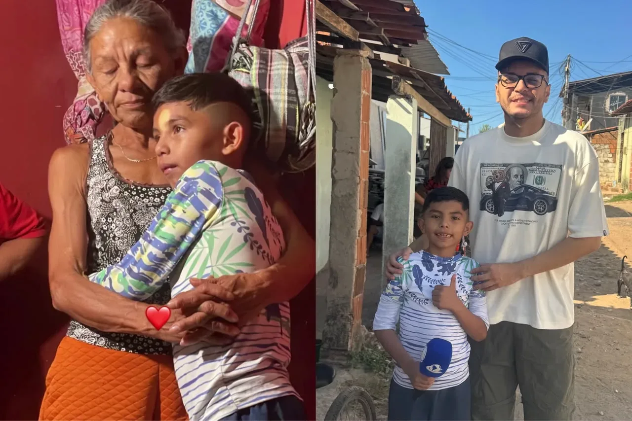Matheus dos Bombons, criança que vende doces, sorri durante recepção de solidariedade.