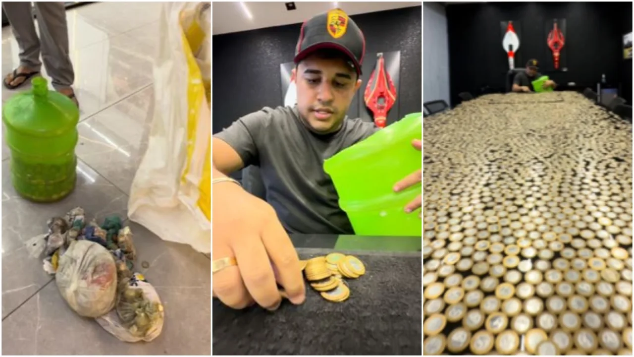Sacos e um garrafão contendo milhares de moedas de R$ 1 utilizados no pagamento de um veículo no Ceará.