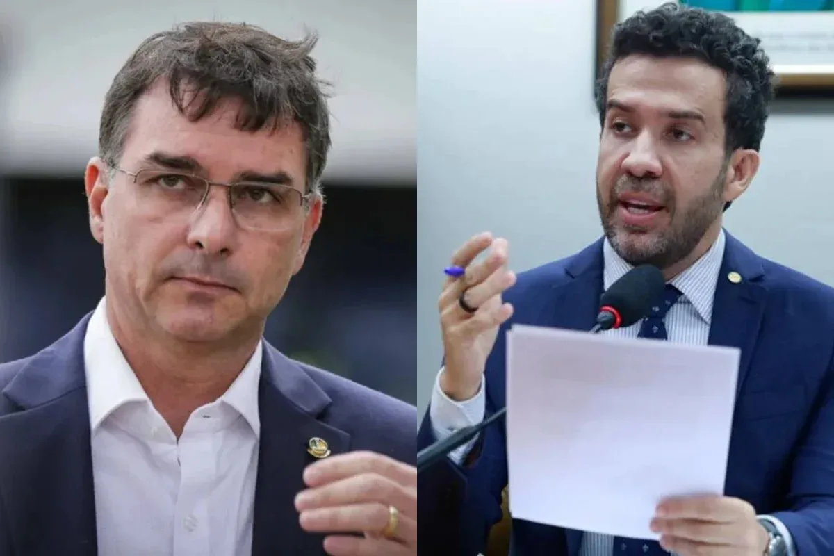 Imagem ilustrativa do deputado André Janones e o candidato Flávio Bolsonaro