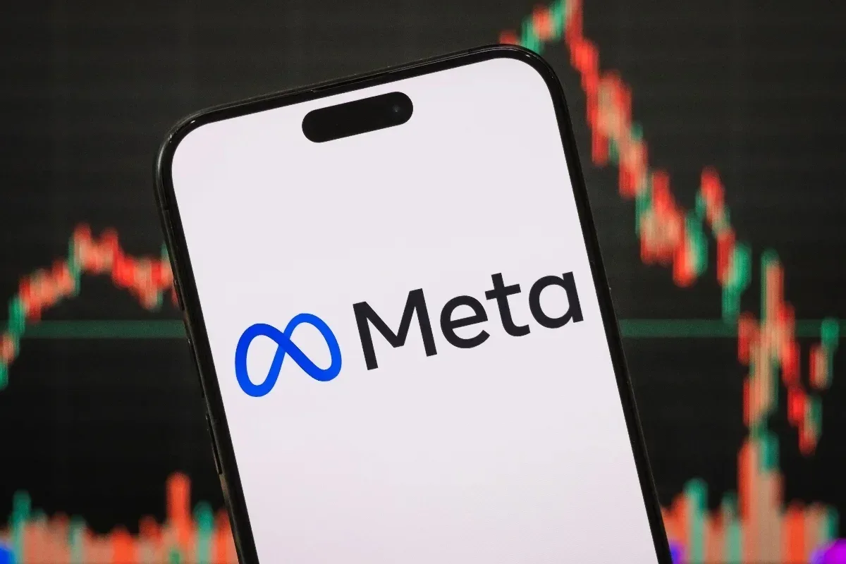 Logotipo e representação da empresa Meta em destaque.