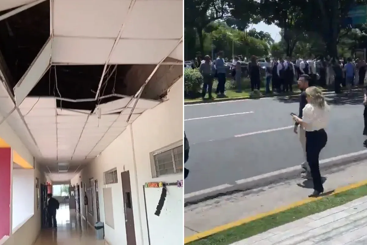 Imagem mostra prédio danificado durante terremoto e pessoas na rua no Panamá.