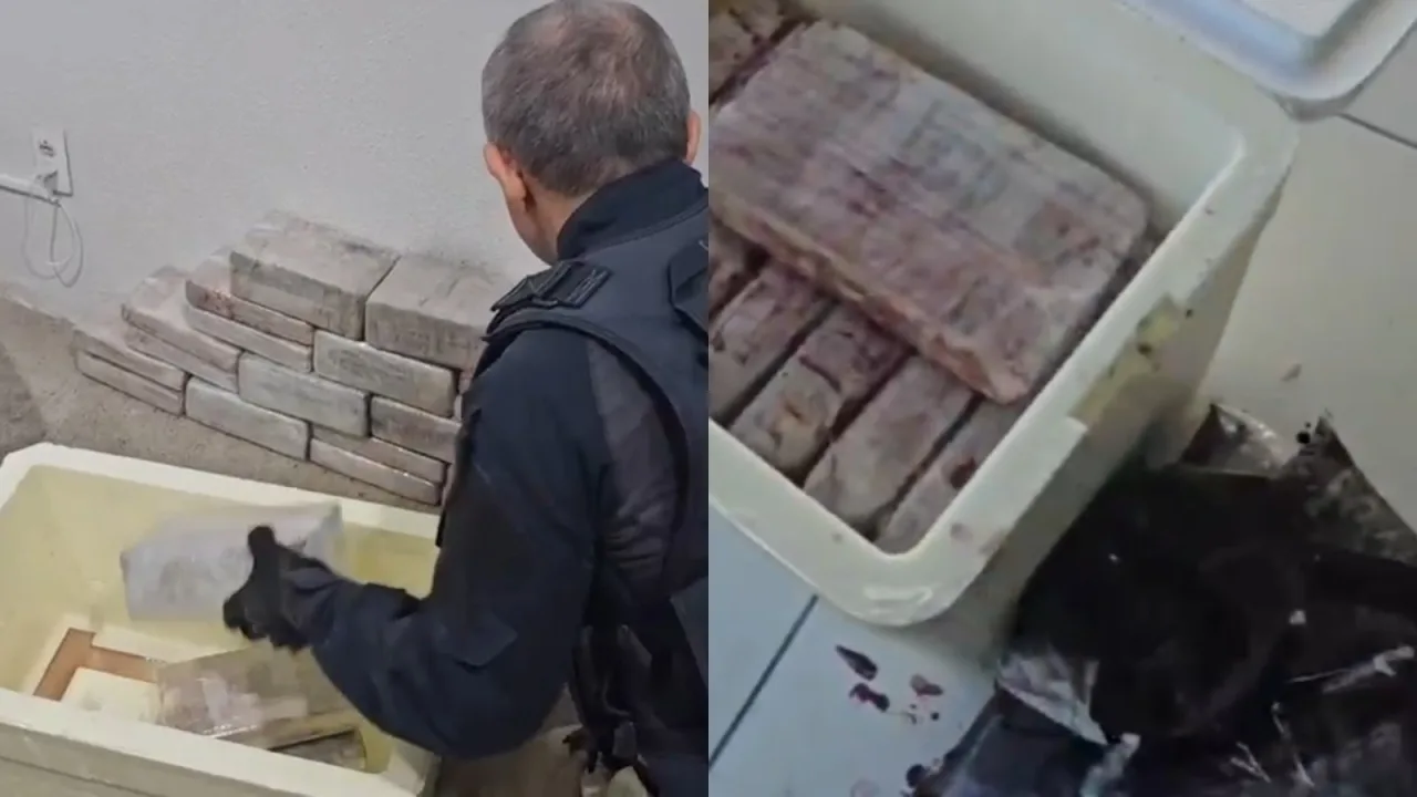 Caixas de isopor contendo tabletes de cocaína apreendidas pela Polícia Rodoviária Federal.