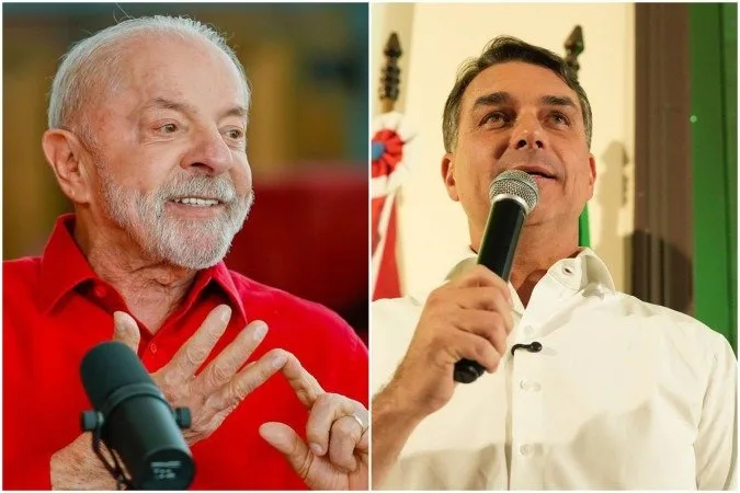 Foto dos candidatos Luiz Inácio Lula da Silva e Flávio Bolsonaro.