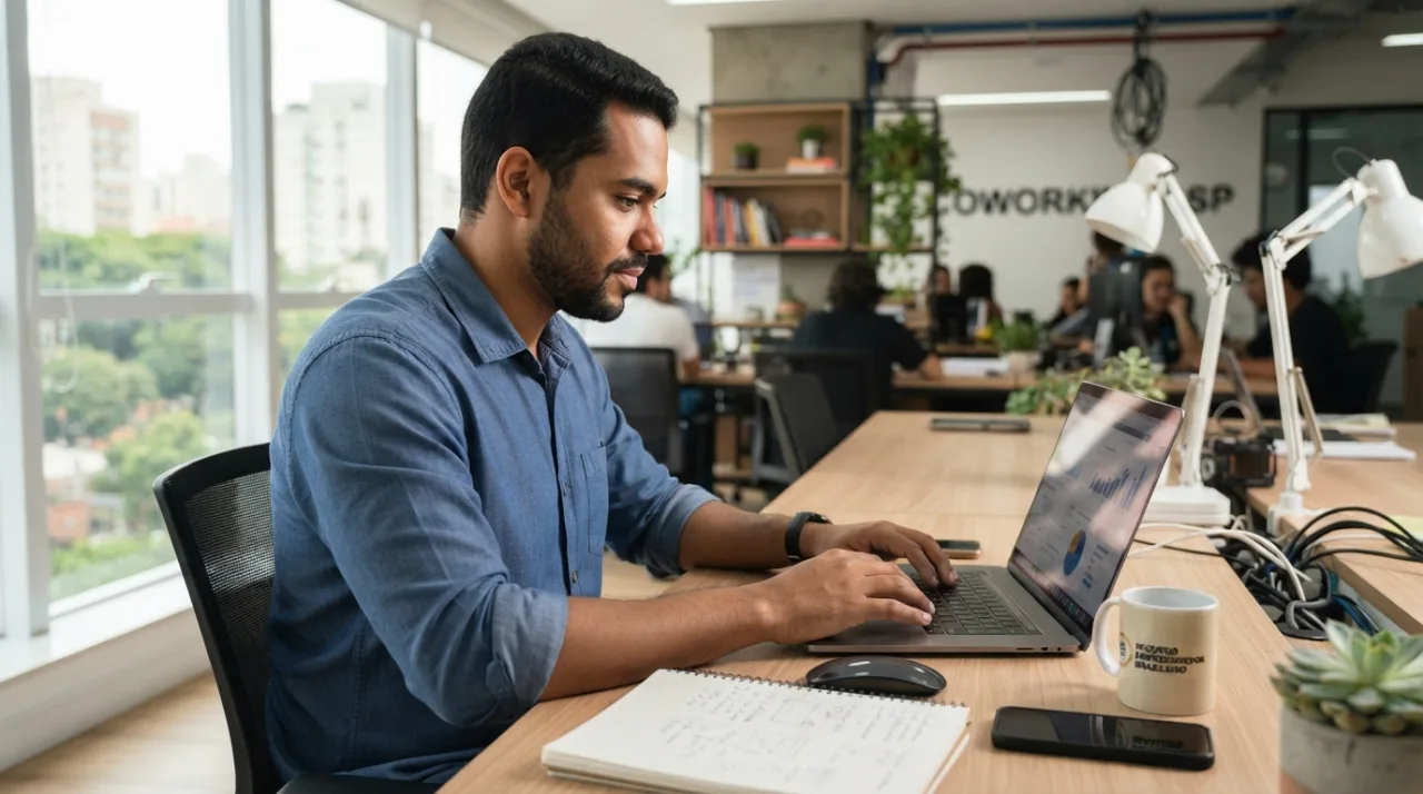 Ambiente de escritório moderno e iluminado com foco em empreendedorismo, mostrando um pequeno empresário brasileiro utilizando computador para gerir seu negócio, estilo fotografia