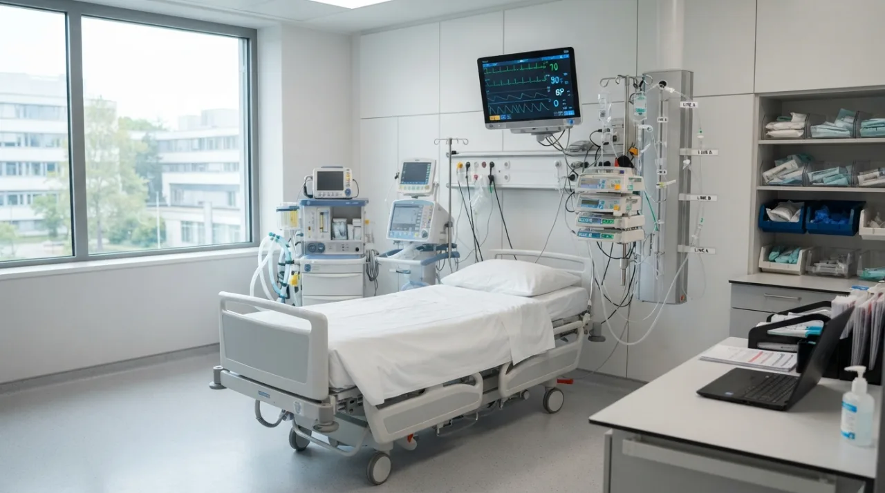 Ambiente hospitalar moderno, limpo e iluminado, focado em tecnologia de assistência médica, com elementos que remetam à organização e cuidado, sem pessoas, estilo fotojornalístico