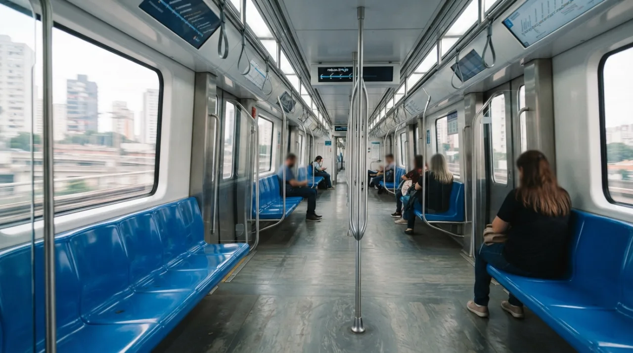 Ambiente interno de um vagão de metrô moderno, luz natural entrando pelas janelas, bancos laterais azuis, visão ampla do corredor central do vagão, foco na estrutura de transporte