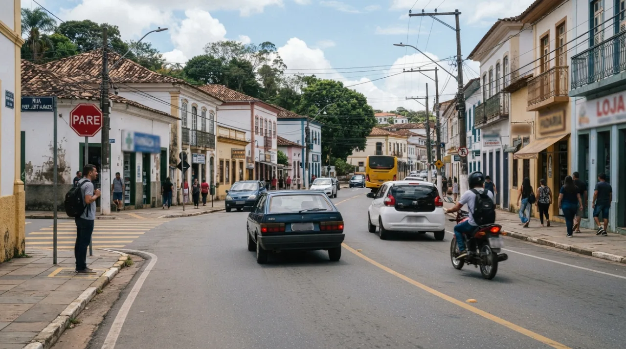 Cena de trânsito em uma rua de cidade pequena no interior do Brasil, foco em uma via urbana com sinalização básica, luz do dia, estilo fotojornalismo realista, alta resolução.