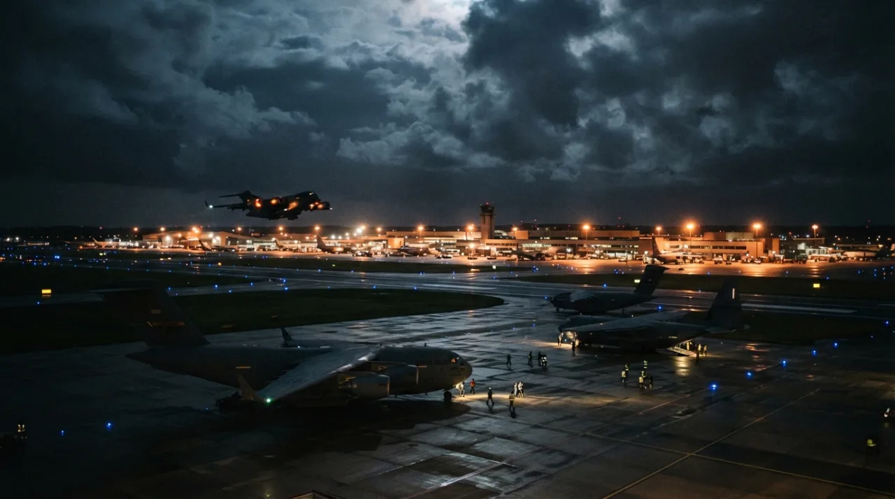 Cena panorâmica de um aeroporto internacional sob um céu noturno dramático, com luzes de pista acesas e silhuetas de jatos de transporte, atmosfera de tensão geopolítica, estilo fo