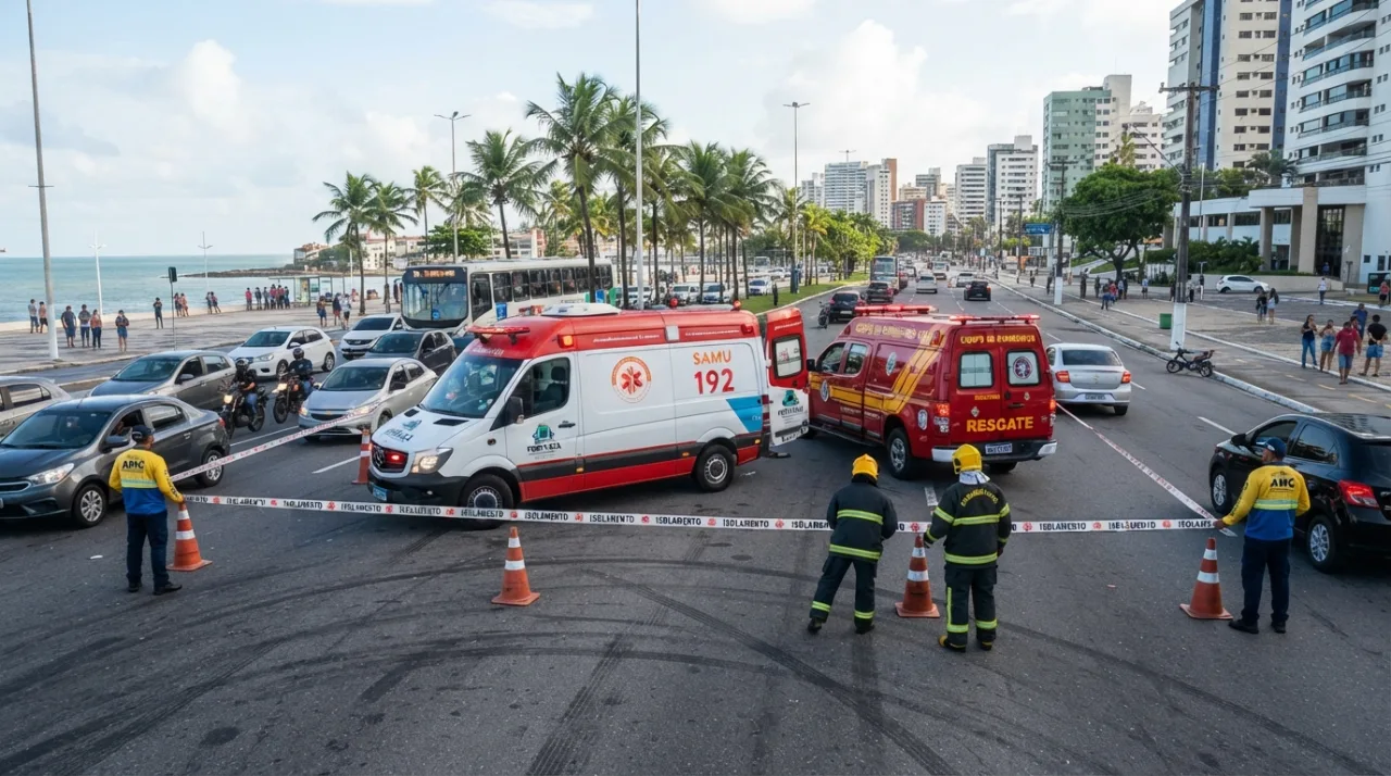 Cena urbana de rua movimentada em Fortaleza com foco em viaturas de resgate e isolamento de área após acidente, iluminação de início de manhã, foco jornalístico.