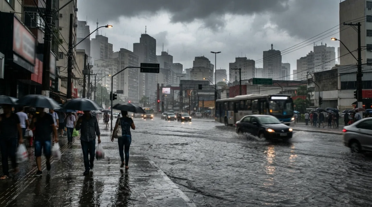 Cena urbana durante tempestade, ruas com acúmulo de água, nuvens densas e cinzentas sobre a cidade, fotografia de estilo jornalístico, alta resolução.