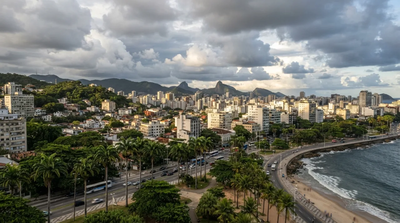 Céu com nuvens densas e aberturas de sol sobre uma paisagem urbana tropical com palmeiras, estilo realista e informativo.