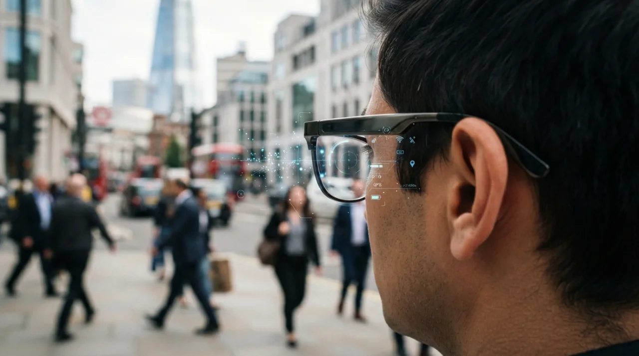 Close-up focado em óculos modernos com lentes elegantes, em um ambiente urbano, com uma leve sobreposição gráfica abstrata representando digitalização de dados e sensores, estilo f