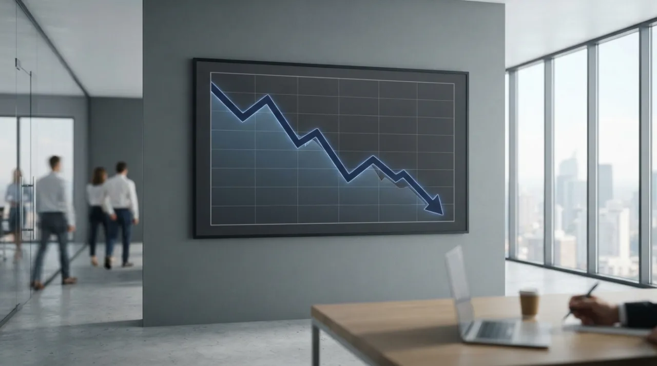 Conceito visual moderno e minimalista sobre economia, representando uma linha de gráfico descendente em tons de azul e cinza, ambiente corporativo limpo, iluminação profissional, e