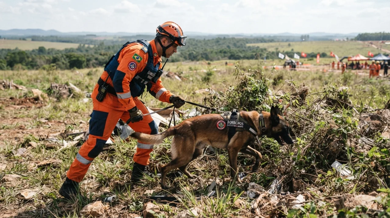 Equipe de bombeiro militar em farda técnica operando com um cão de salvamento em campo aberto, foco em cinotecnia e resgate, luz natural de dia, alta resolução.