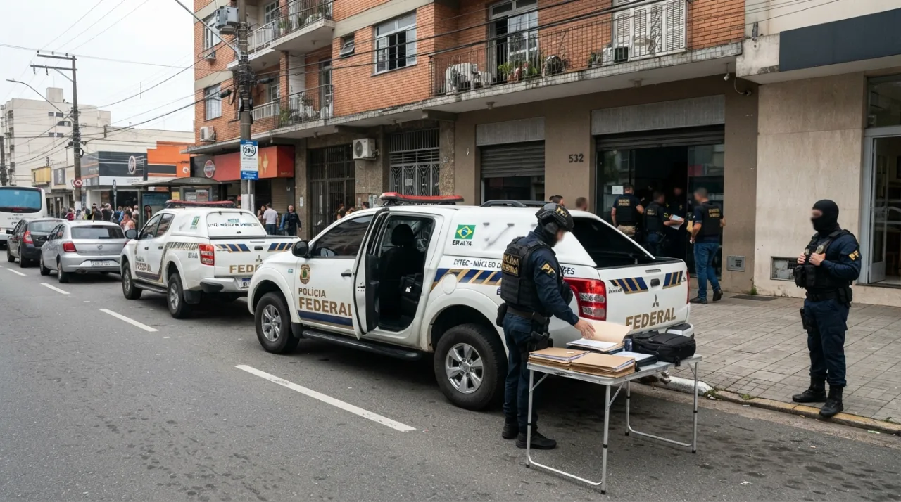 Equipe policial em operação de busca e apreensão com foco em viaturas e documentos, ambiente urbano no Brasil, fotografia jornalística, plano aberto.