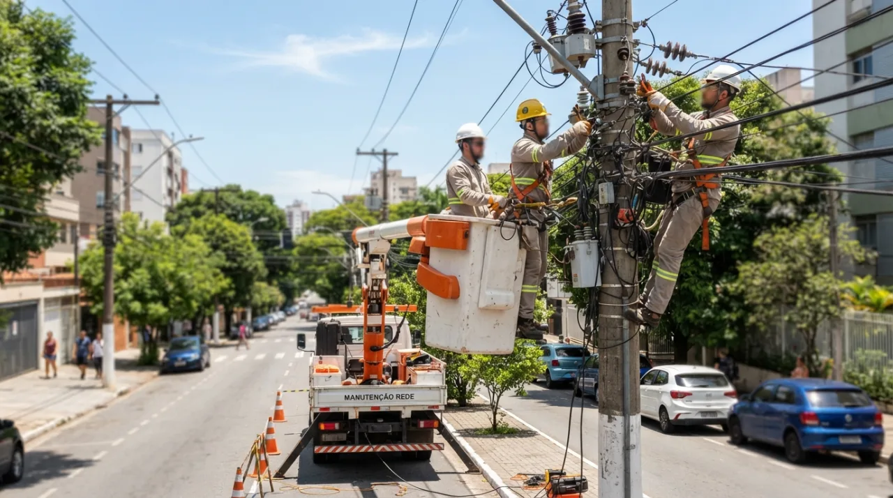 Equipes técnicas da distribuidora de energia realizando manutenção preventiva em rede elétrica urbana sob céu ensolarado.