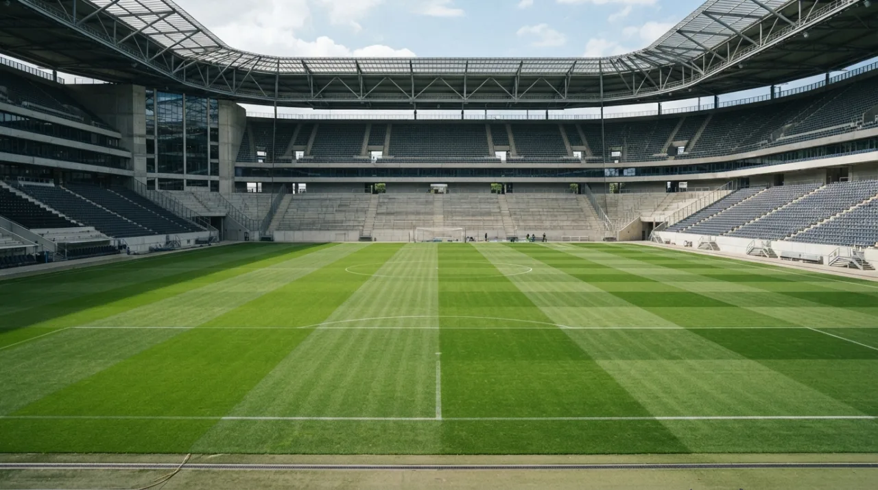 Estádio de futebol profissional com luz natural, foco na estrutura do campo, sem pessoas identificáveis ou logotipos de marcas de material esportivo.
