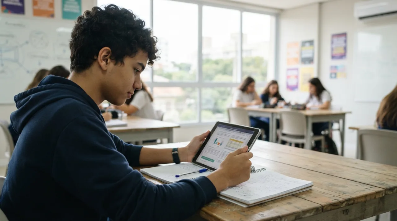 Estudante jovem focado em seus estudos com um tablet ou celular em uma sala de aula moderna e iluminada, transmitindo foco e esperança, estilo fotojornalismo, alta definição.