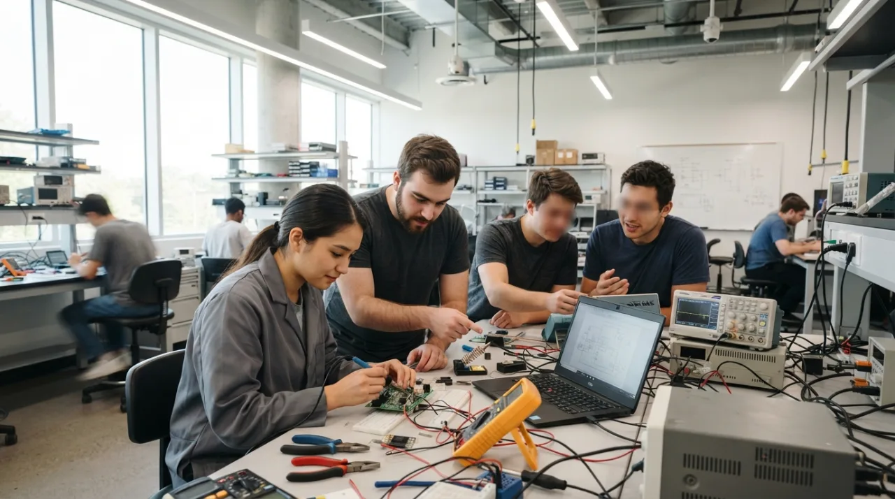 Estudantes em um laboratório moderno de uma instituição de ensino técnico, ambiente iluminado, foco no aprendizado prático e colaboração acadêmica.