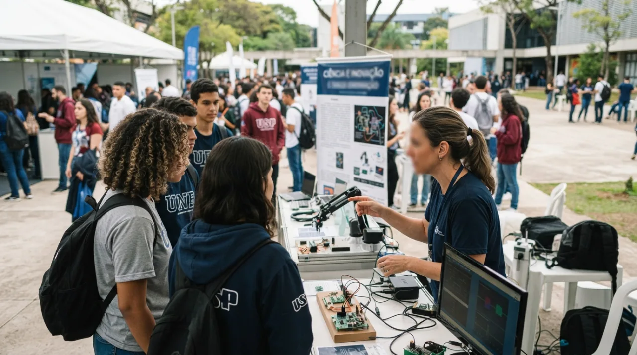 Estudantes jovens em um campus universitário brasileiro, interagindo com estandes acadêmicos e cientistas, ambiente de feira de conhecimento, luz natural, atmosfera de aprendizado