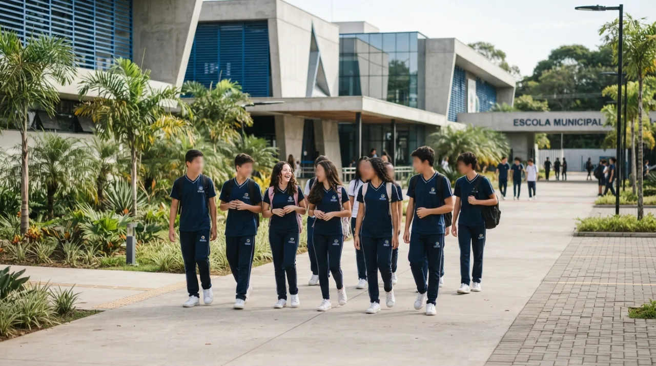 Estudantes uniformizados caminhando em frente a uma escola moderna em estilo arquitetônico institucional brasileiro, ambiente iluminado e organizado, foco em educação e disciplina,