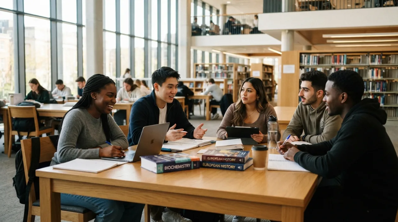 Estudantes universitários jovens conversando e estudando em uma biblioteca moderna e iluminada, foco em diversidade, ambiente acadêmico, foco no futuro e educação, alta qualidade,