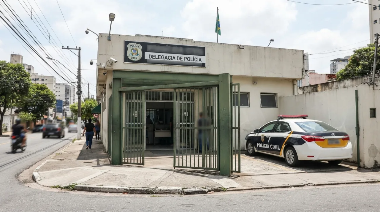Fachada de delegacia de polícia brasileira com viatura caracterizada ao fundo, em ambiente urbano, iluminação realista de dia, estilo jornalístico, sem pessoas identificáveis e sem