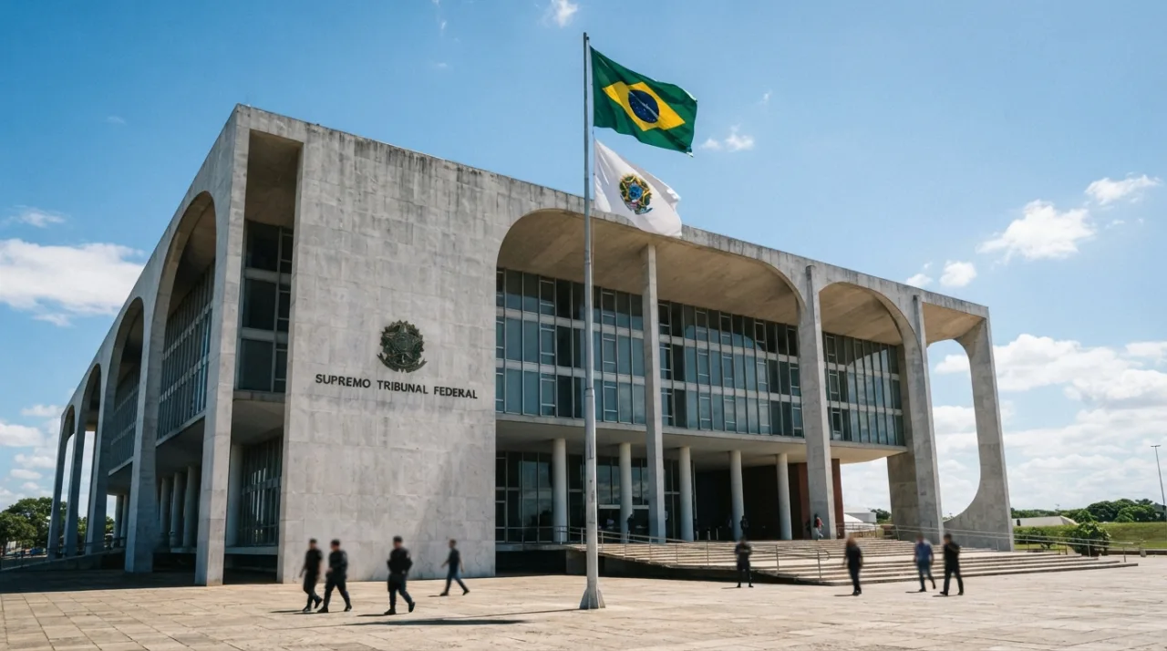Fachada de prédio imponente do sistema judiciário brasileiro com bandeiras ao fundo, simbolizando poder institucional e decisões jurídicas, estilo fotojornalismo, luz natural, foco