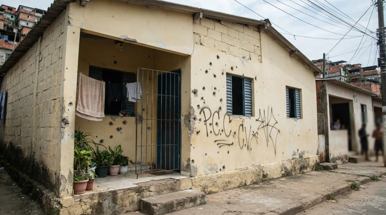 Fachada de residência em periferia urbana com marcas de tiros e pichação ameaçadora, luz natural do dia, estilo fotojornalismo realista.