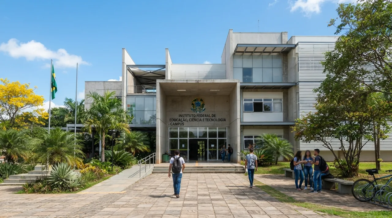 Fachada de um instituto federal de ensino superior em um dia ensolarado, arquitetura moderna e institucional, ambiente universitário brasileiro.
