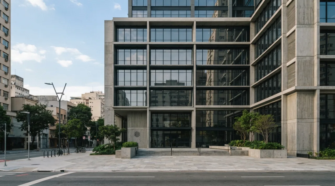 Fachada de um prédio moderno em uma área urbana durante o dia, com uma representação sóbria e institucional, estilo fotojornalismo, sem pessoas, focando na arquitetura e no ambient
