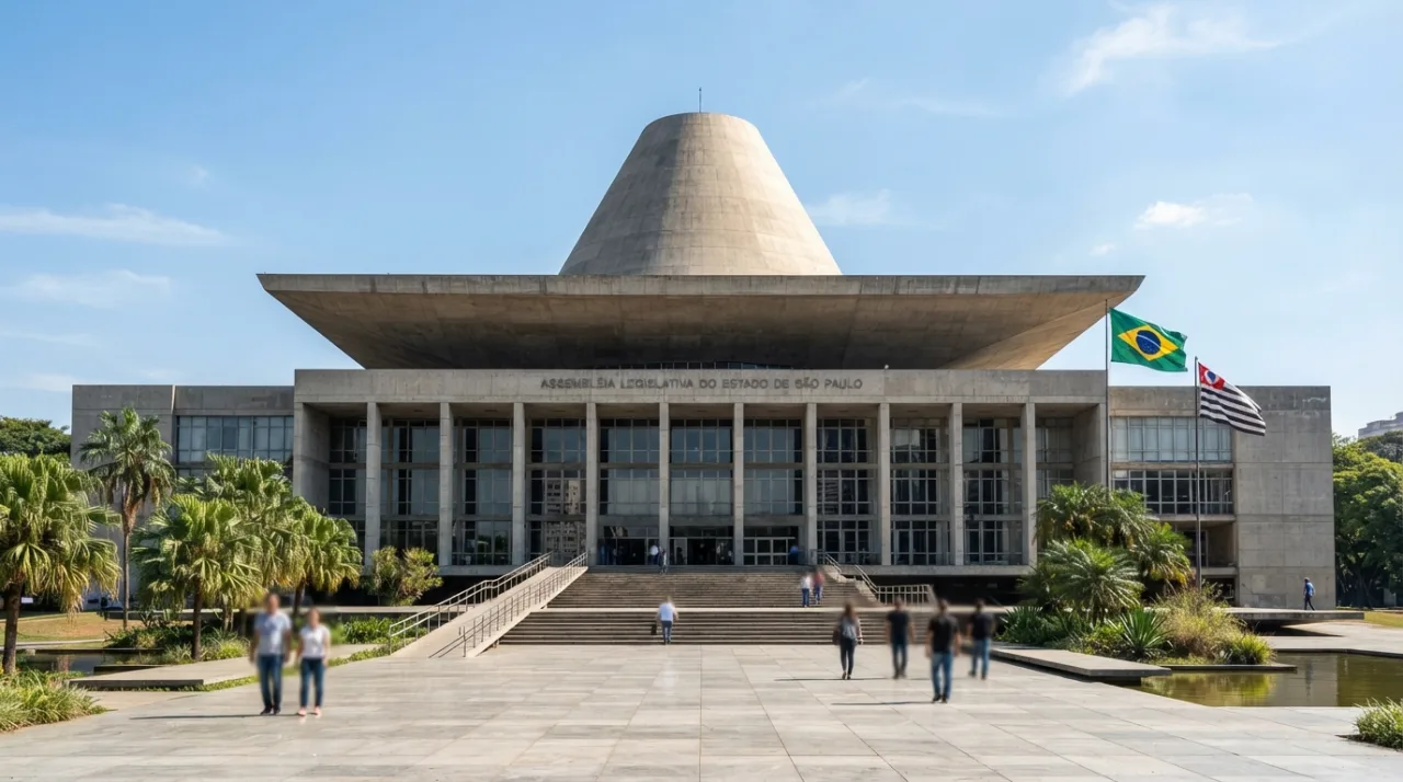 Fachada de um prédio público representativo de uma assembleia legislativa com arquitetura institucional brasileira.