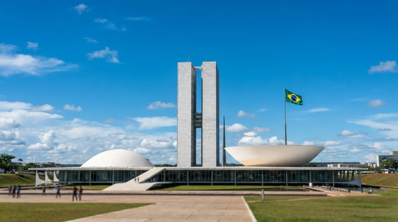 Fachada do Congresso Nacional em Brasília com céu azul ao fundo, foco nas cúpulas, estilo jornalístico profissional.