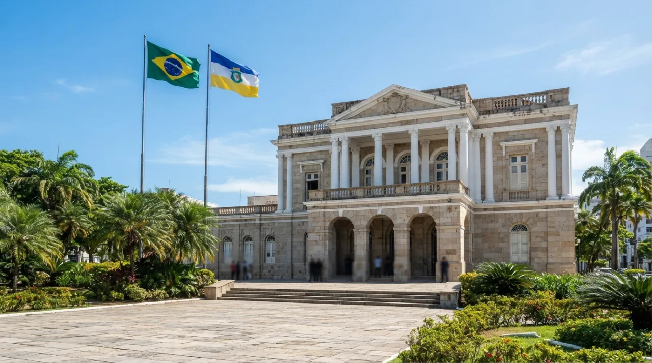 Fachada do Palácio da Abolição em Fortaleza com bandeiras do Brasil e do Ceará ao fundo em um dia ensolarado.