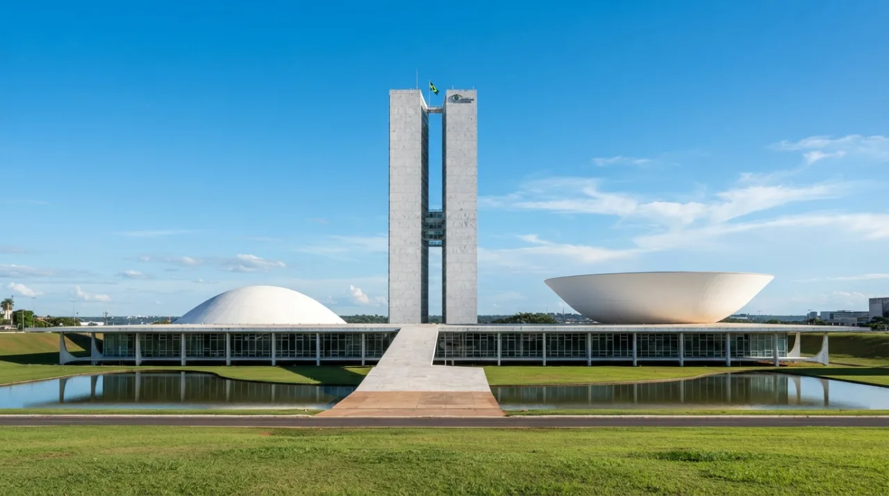 Fachada externa do edifício do Congresso Nacional em Brasília sob céu limpo durante o dia, foco arquitetônico, sem pessoas.