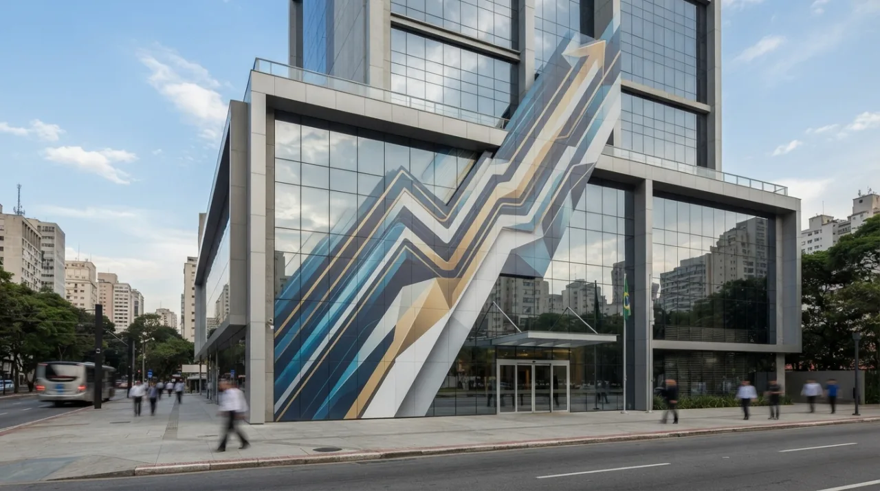 Fachada moderna de instituição financeira brasileira com elementos gráficos abstratos que remetam a gráficos de subida de preços, sem conter texto ou nomes próprios.
