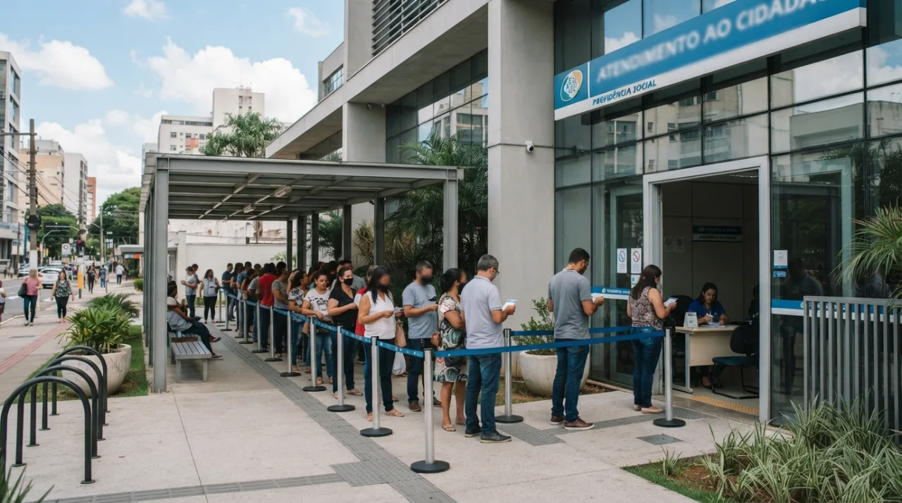 Fachada moderna de uma agência pública de previdência social com fluxo organizado de pessoas aguardando atendimento.