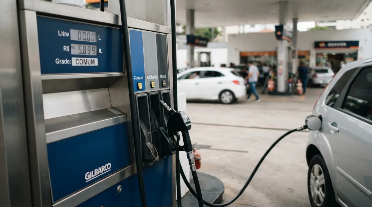 Foco em bombas de combustível de um posto de gasolina em operação, luz natural, estilo jornalístico, foco profissional em detalhes da bomba de abastecimento.
