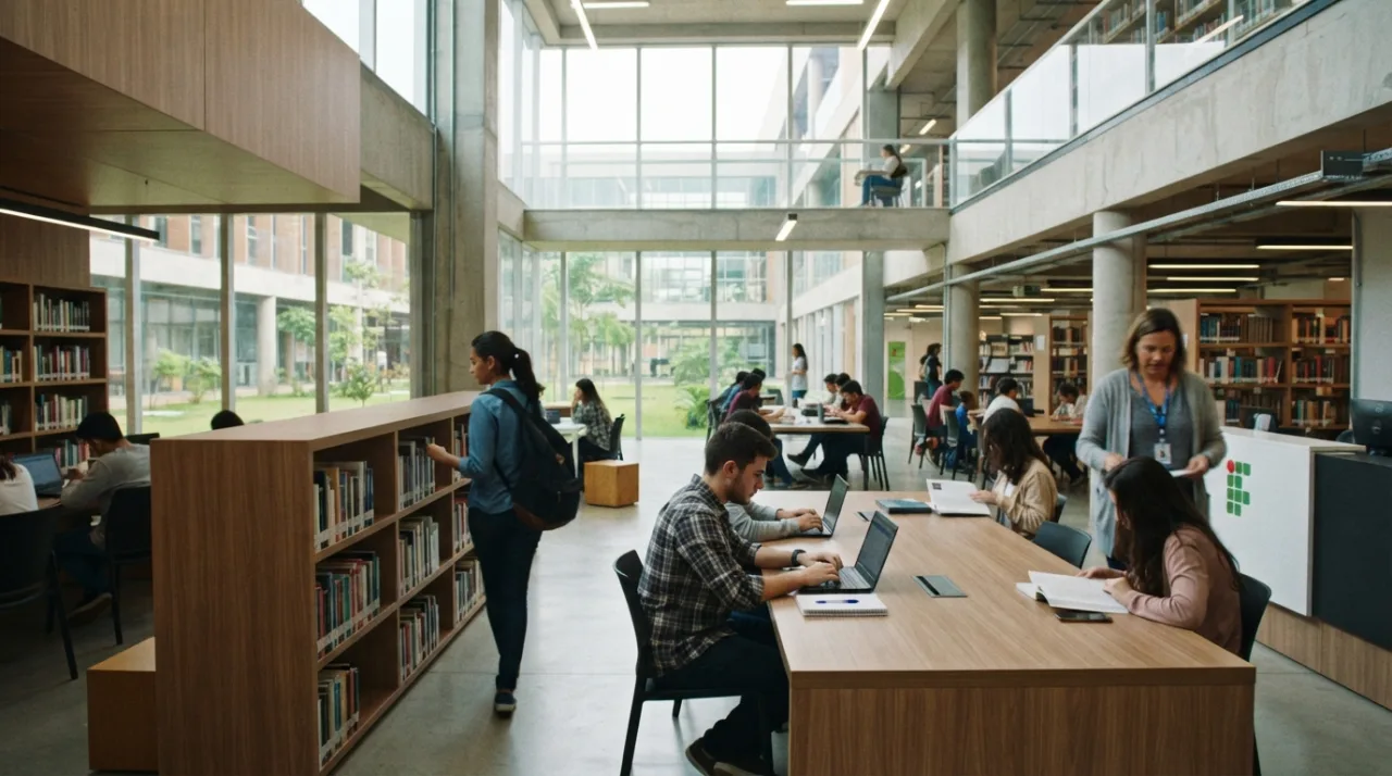 Foto institucional de um campus moderno do Instituto Federal com estudantes e servidores circulando em um ambiente de biblioteca ou laboratório iluminado.
