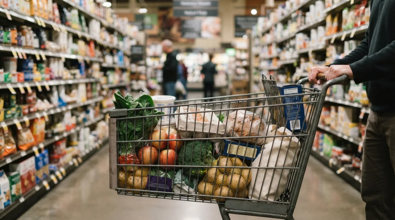 Foto realista de um carrinho de compras metálico contendo alimentos frescos e básicos em um corredor de supermercado, iluminação suave, foco seletivo, estilo fotojornalismo.