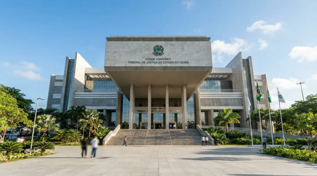 Fotografia arquitetônica da fachada do prédio do Tribunal de Justiça do Ceará em um dia ensolarado, com foco na imponência da instituição.