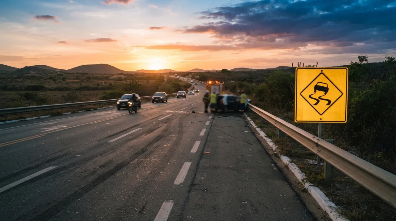 Fotografia realista de uma rodovia estadual no Ceará com sinalização de trânsito, ao pôr do sol, focando na segurança viária e no impacto de acidentes de trânsito.