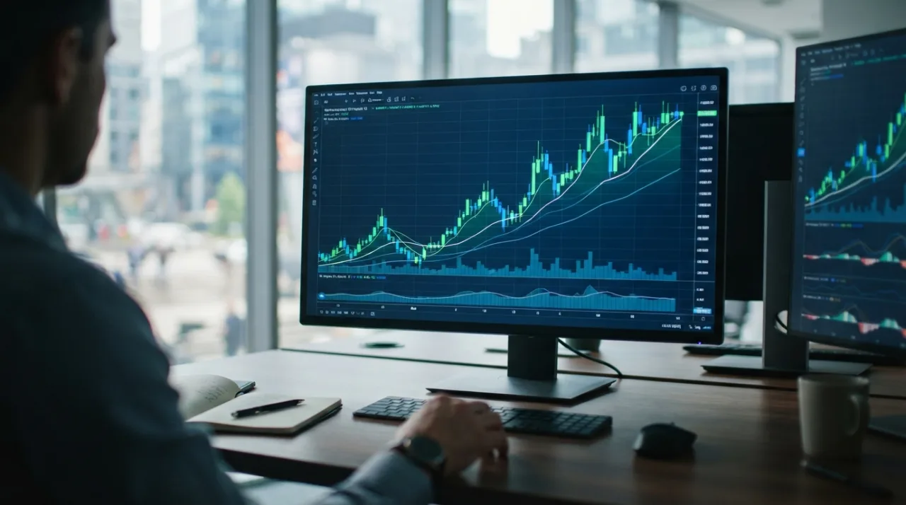 Gráficos financeiros digitais exibindo tendência de alta em uma tela de monitor de trading, estilo profissional, iluminação sóbria com tons de azul e verde, alta resolução.