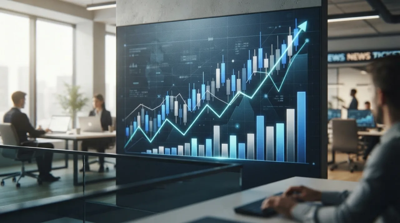 Ilustração abstrata e profissional de mercado financeiro, com gráficos de barras e linhas subindo em tons de azul e cinza, estilo minimalista e moderno para portal de notícias.