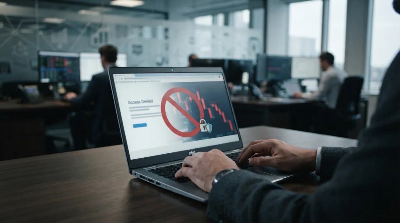 Ilustração conceitual de um dispositivo digital mostrando um alerta de bloqueio de acesso a sites, fundo sóbrio representando tecnologia e regulação financeira, estilo fotojornalis