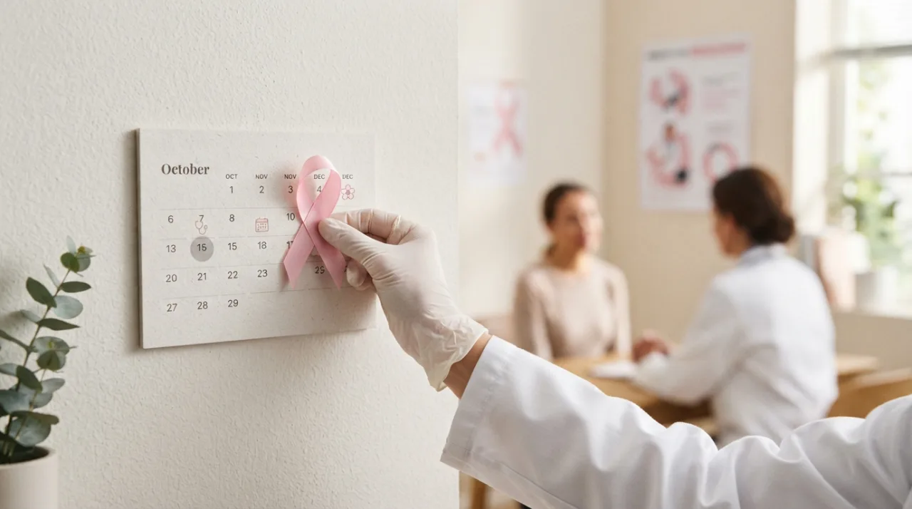 Ilustração conceitual e profissional sobre saúde feminina e prevenção, focando em tons de rosa e elementos de conscientização médica, estilo minimalista e limpo, sem texto.