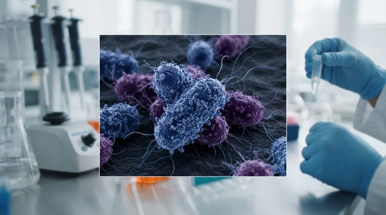 Ilustração realista em estilo científico de uma bactéria Yersinia pestis sob microscópio eletrônico, com tons de azul e roxo, focando na estrutura do patógeno em um ambiente labora